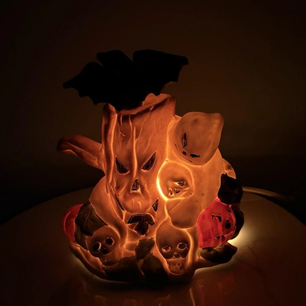 Vintage Halloween Tree Porcelain Night Light Pumpkin Skull Crow Works
